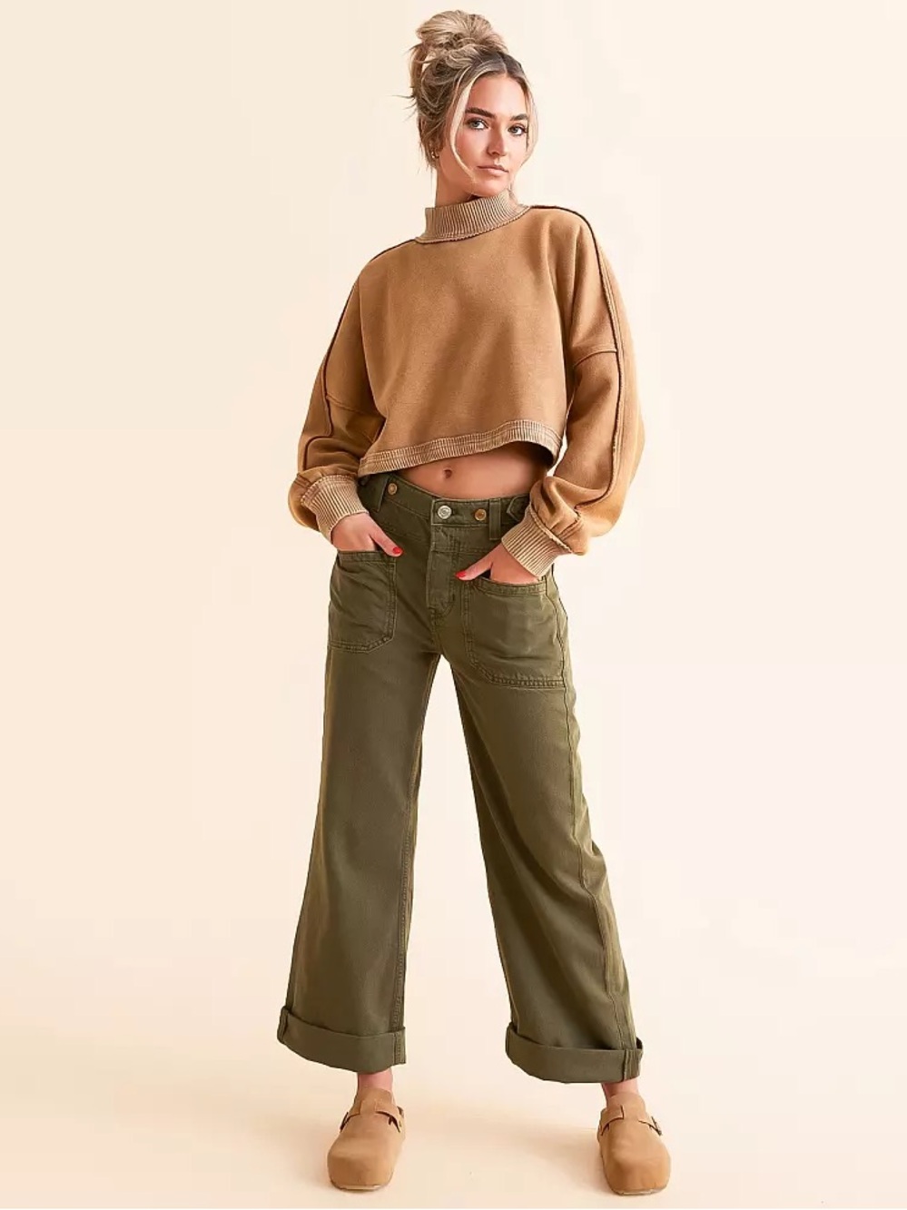 Free People Palmer Wide Leg Cuffed Jean Size 31 Green Wash